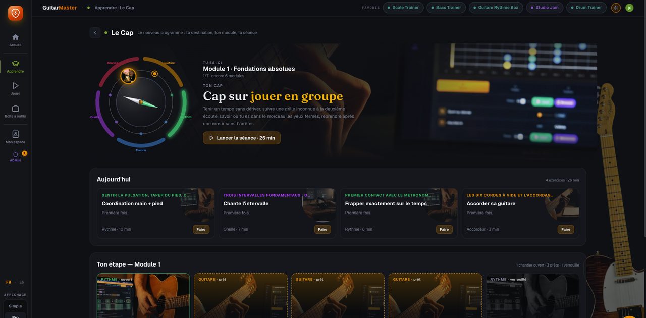Le Cap dans Guitar Master : le module en cours, la séance du jour et ses quatre exercices