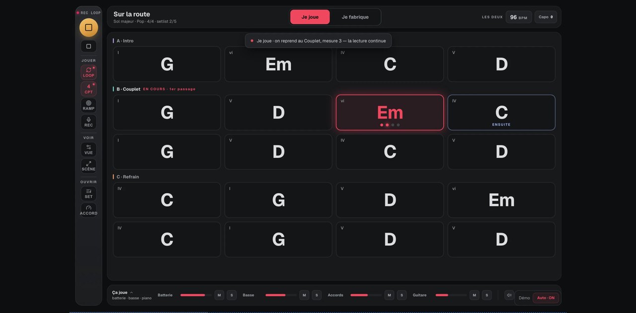La grille du morceau « Sur la route » dans Guitar Master : les accords section par section, la mesure en cours en rouge, et la batterie, la basse et le piano qui jouent derrière