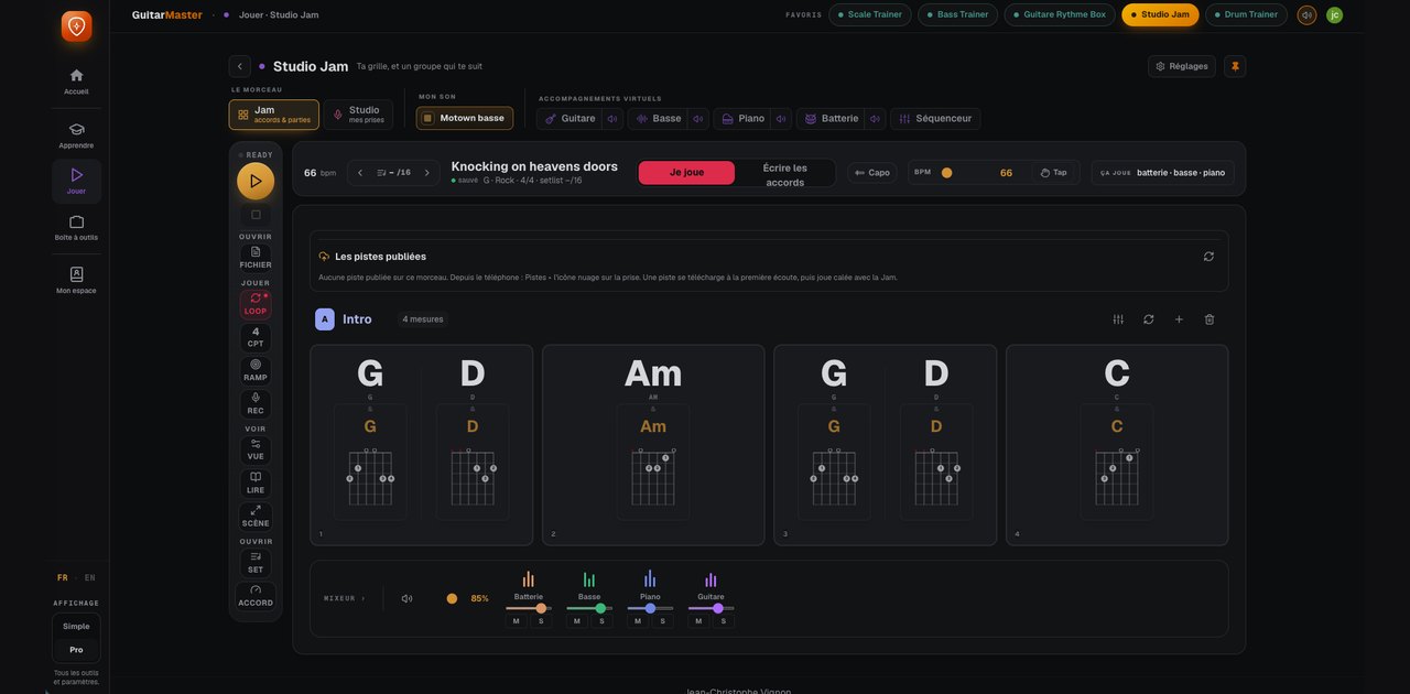 Le Studio Jam : la grille de « Knocking on heaven's doors » avec les diagrammes d'accords, et le mixeur de la batterie, de la basse, du piano et de la guitare