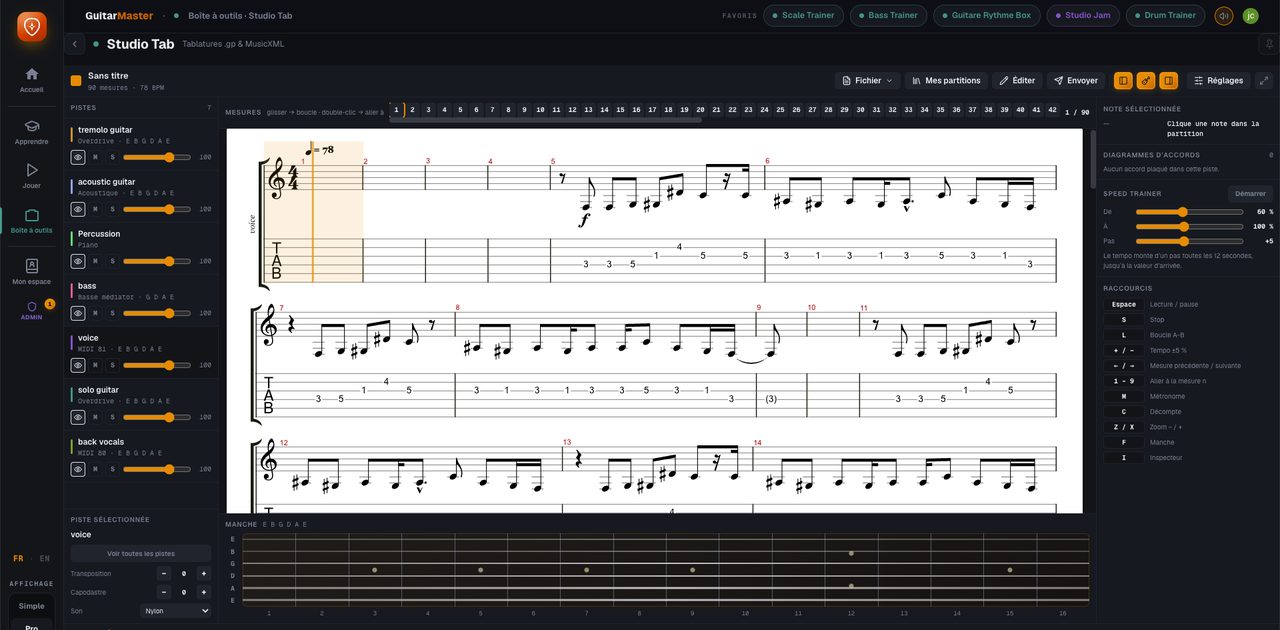 Le Studio Tab : une tablature à plusieurs pistes, lue et modifiable, avec le manche et le tempo
