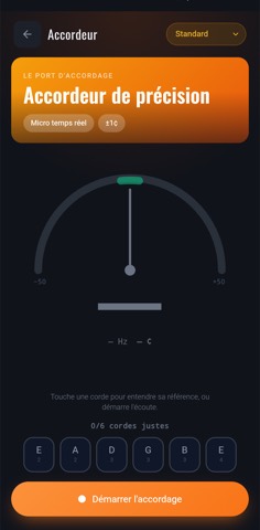 Accordeur de guitare de précision dans l'application, avec détection au micro en temps réel
