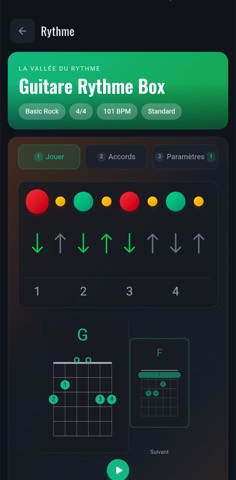 Guitare Rythme Box : le pattern de main droite animé, flèches vers le bas et vers le haut, avec les accords