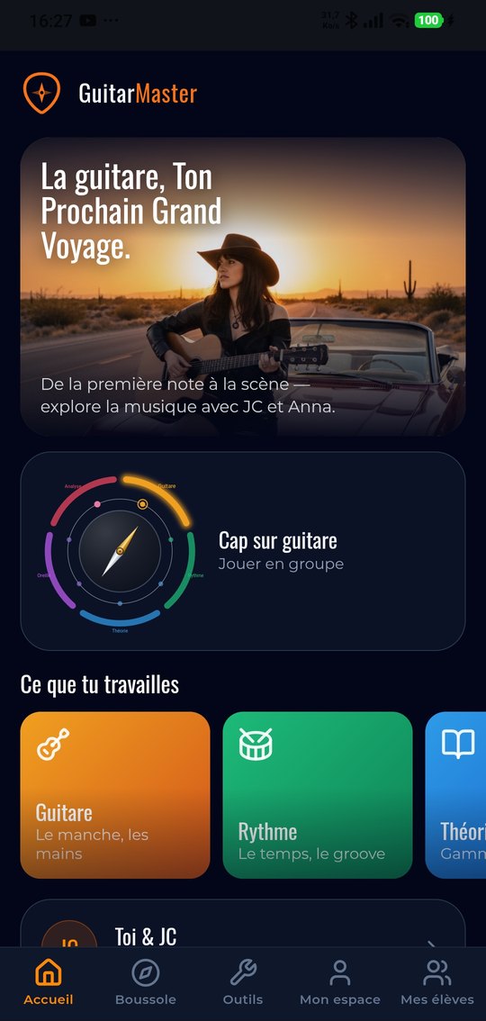 L'accueil de l'application sur téléphone : « La guitare, ton prochain grand voyage » et le parcours à reprendre