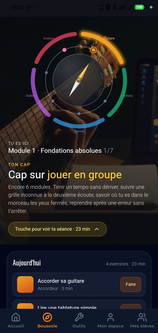 La boussole sur téléphone : les cinq piliers autour de l'aiguille, le module en cours et la séance du jour