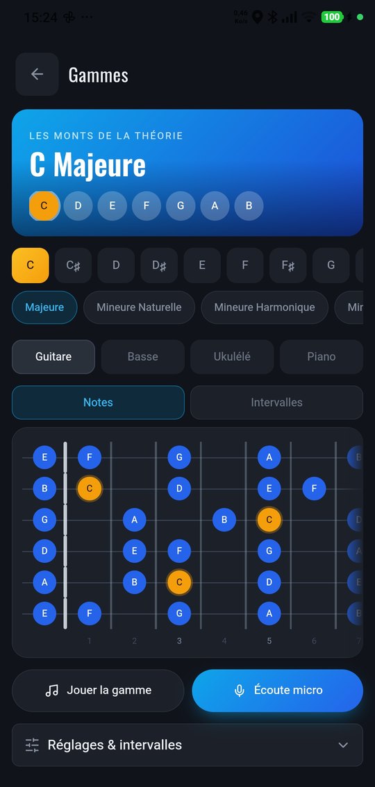 Les gammes sur téléphone : do majeur placée sur le manche, avec le choix de la tonique et du mode
