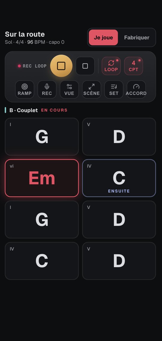 La grille d'un morceau sur téléphone : les accords du couplet, la mesure en cours en rouge et la suivante annoncée