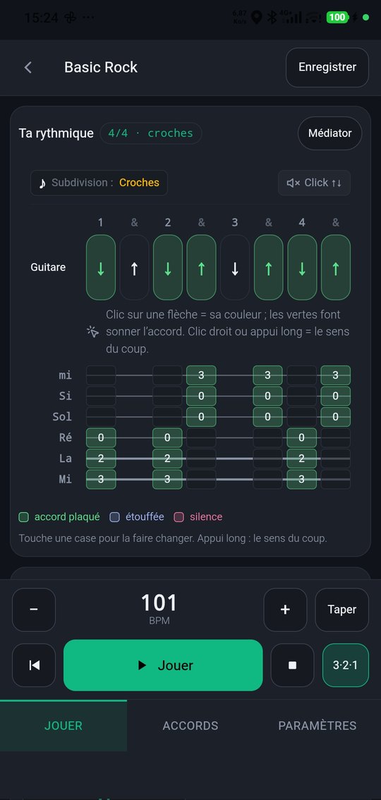 Une rythmique sur téléphone : les flèches de la main droite, la tablature et le tempo