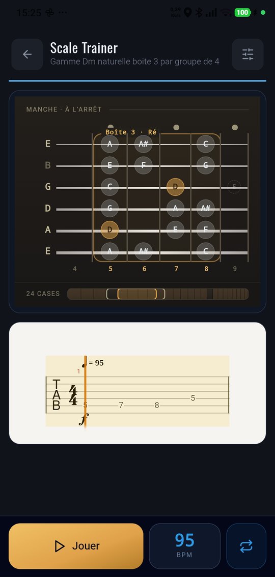 Le Scale Trainer sur téléphone : une boîte de gamme sur le manche et sa tablature, au tempo choisi