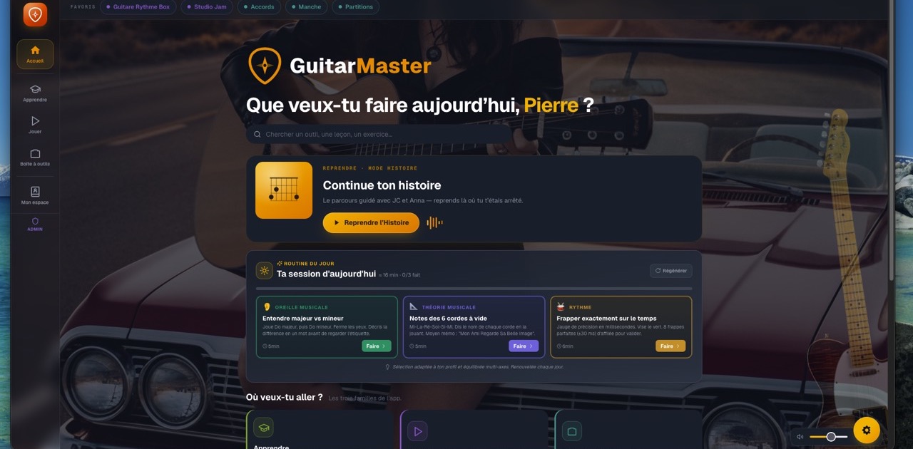 L'accueil de l'application Guitar Master sur ordinateur : séance du jour, exercices d'oreille, de théorie et de rythme