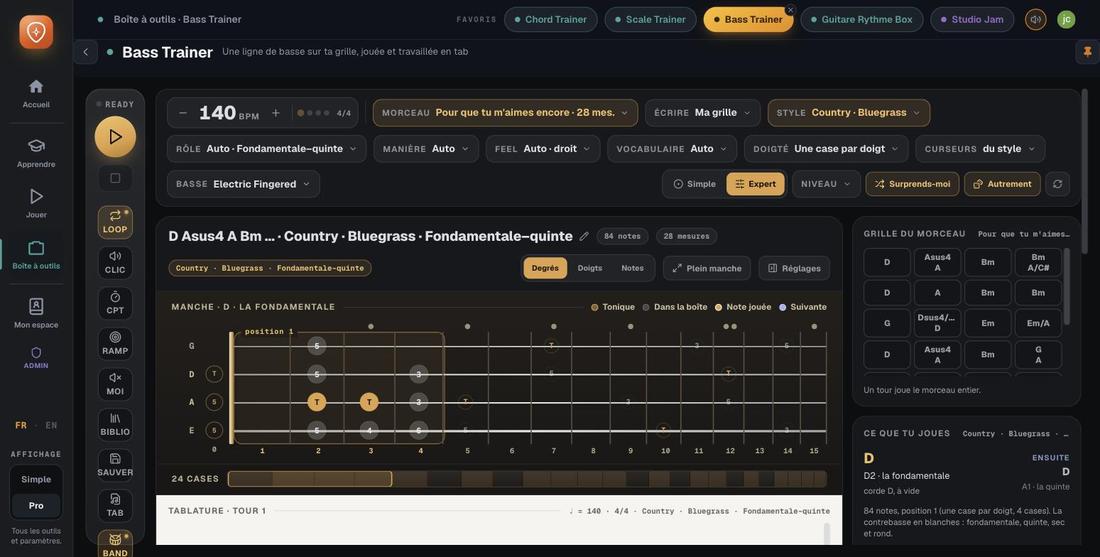 Bass Trainer de Guitar Master : une ligne de basse country bluegrass générée sur une grille, affichée sur le manche et en tablature