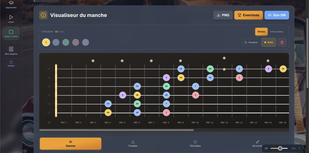 Visualiseur du manche de guitare : les notes d'une gamme affichées sur seize cases, en couleurs