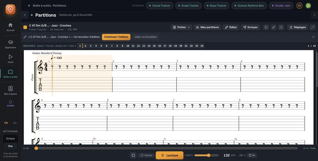 Lecteur et éditeur de partitions de Guitar Master : portée, tablature, navigation par mesure, boucle et réglage du tempo