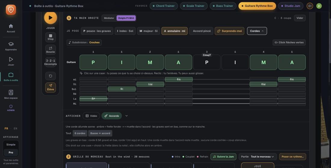 Guitare Rythme Box en mode fingerpicking : un cycle pouce-index-majeur-annulaire posé en vert, chaque doigt sur sa corde dans la tablature