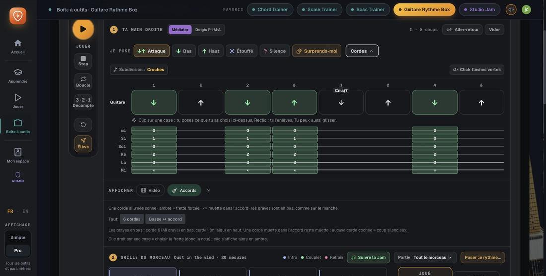 Guitare Rythme Box en mode médiator : quatre attaques posées en vert sur les croches, et les cordes de l'accord qui s'allument en dessous