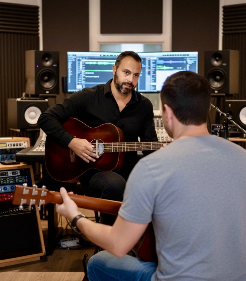 Jean-Christophe Vignon, professeur de guitare en ligne et en présentiel à Amiens, en cours avec un élève
