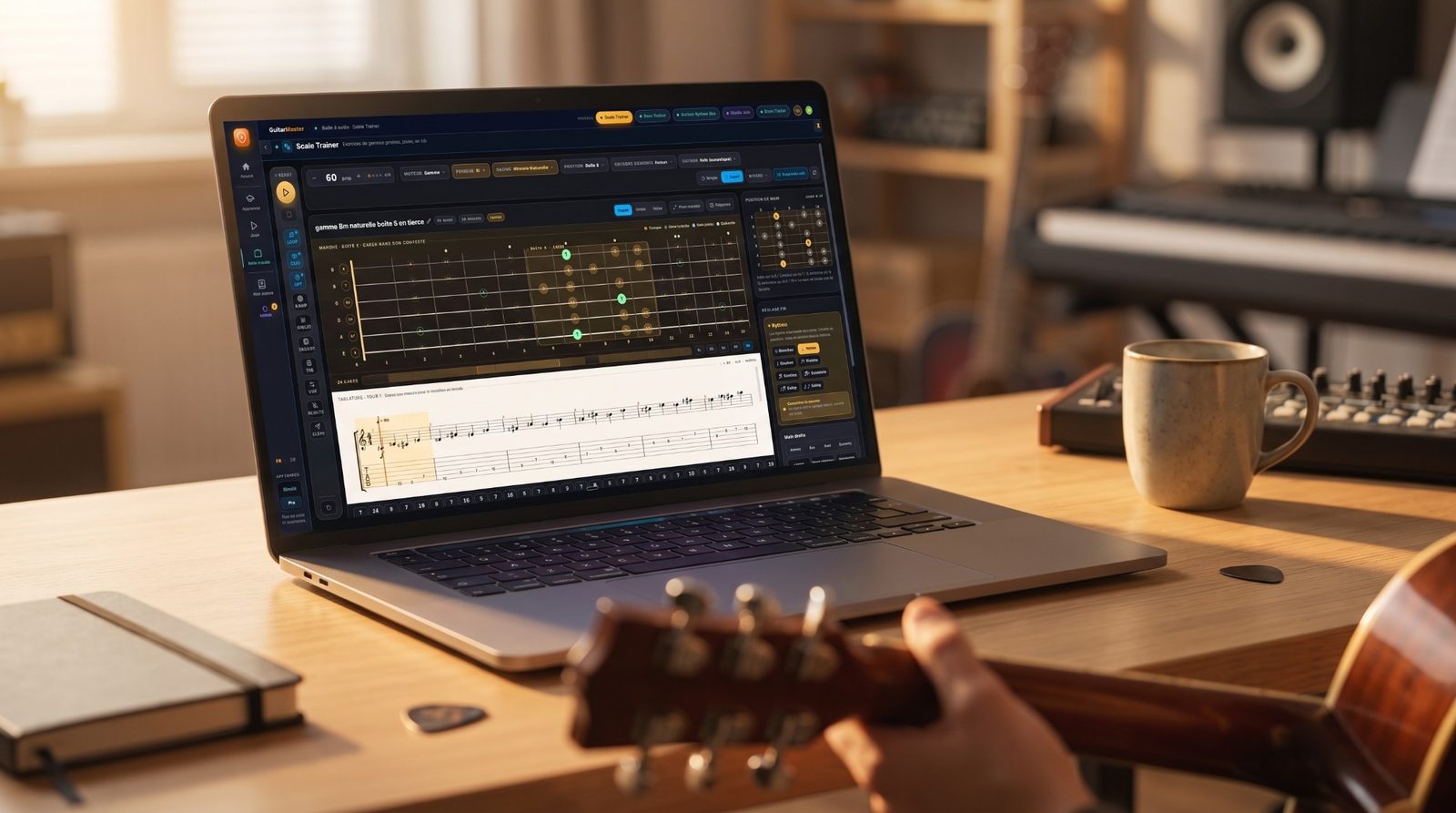 L'application Guitar Master ouverte sur un ordinateur portable, guitare en main : une gamme sur le manche et sa tablature