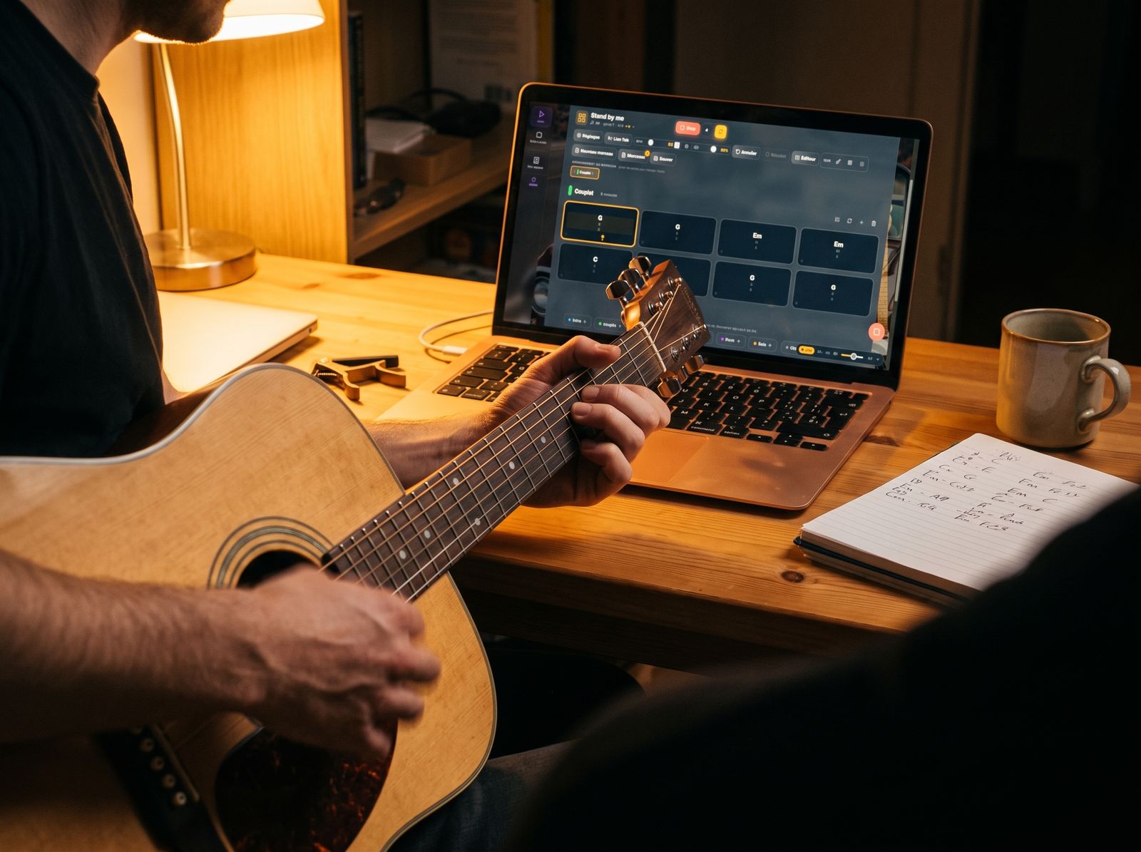A guitarist playing at home, folk guitar on his lap, the chord chart for his song on the computer in front of him