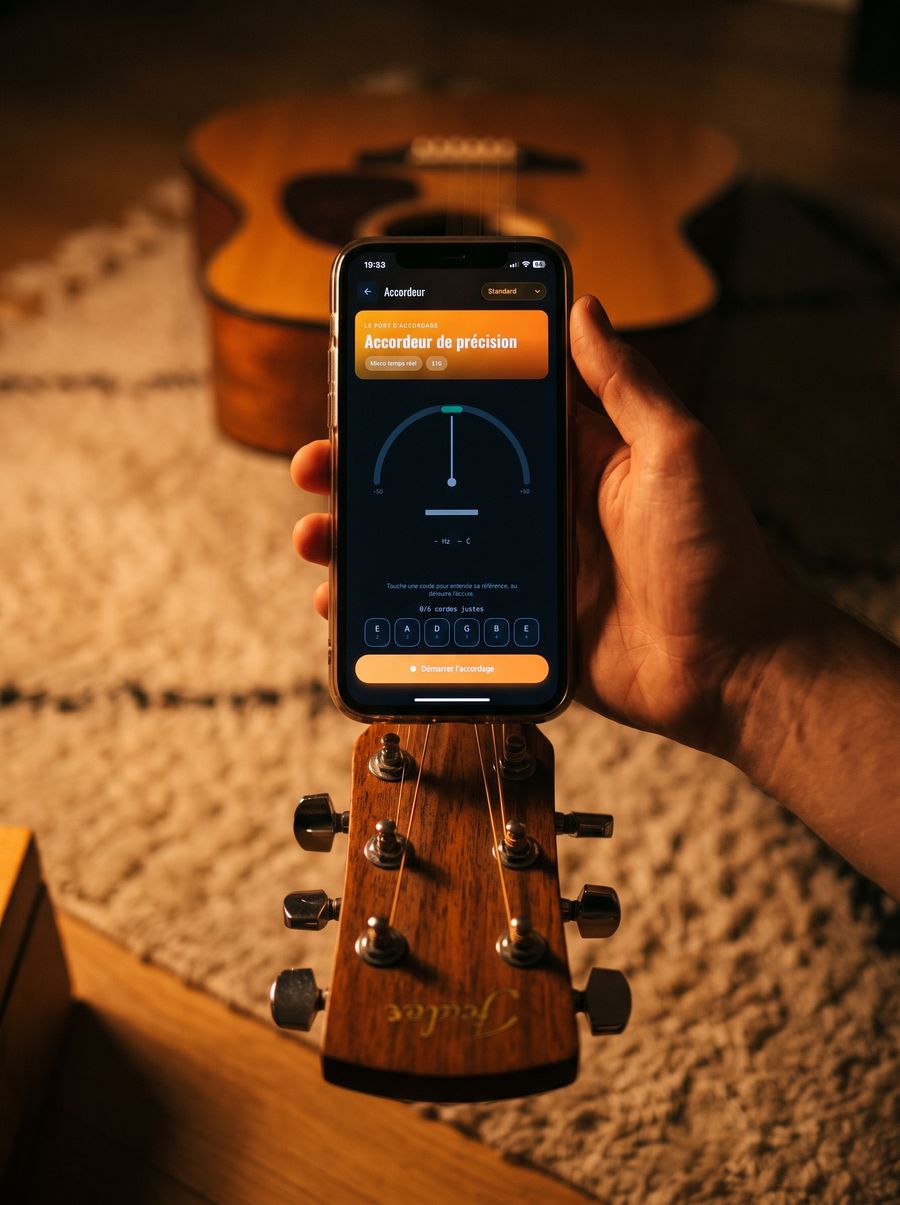 Une main tient un téléphone au-dessus de la tête d'une guitare folk, l'accordeur de l'application affiché à l'écran