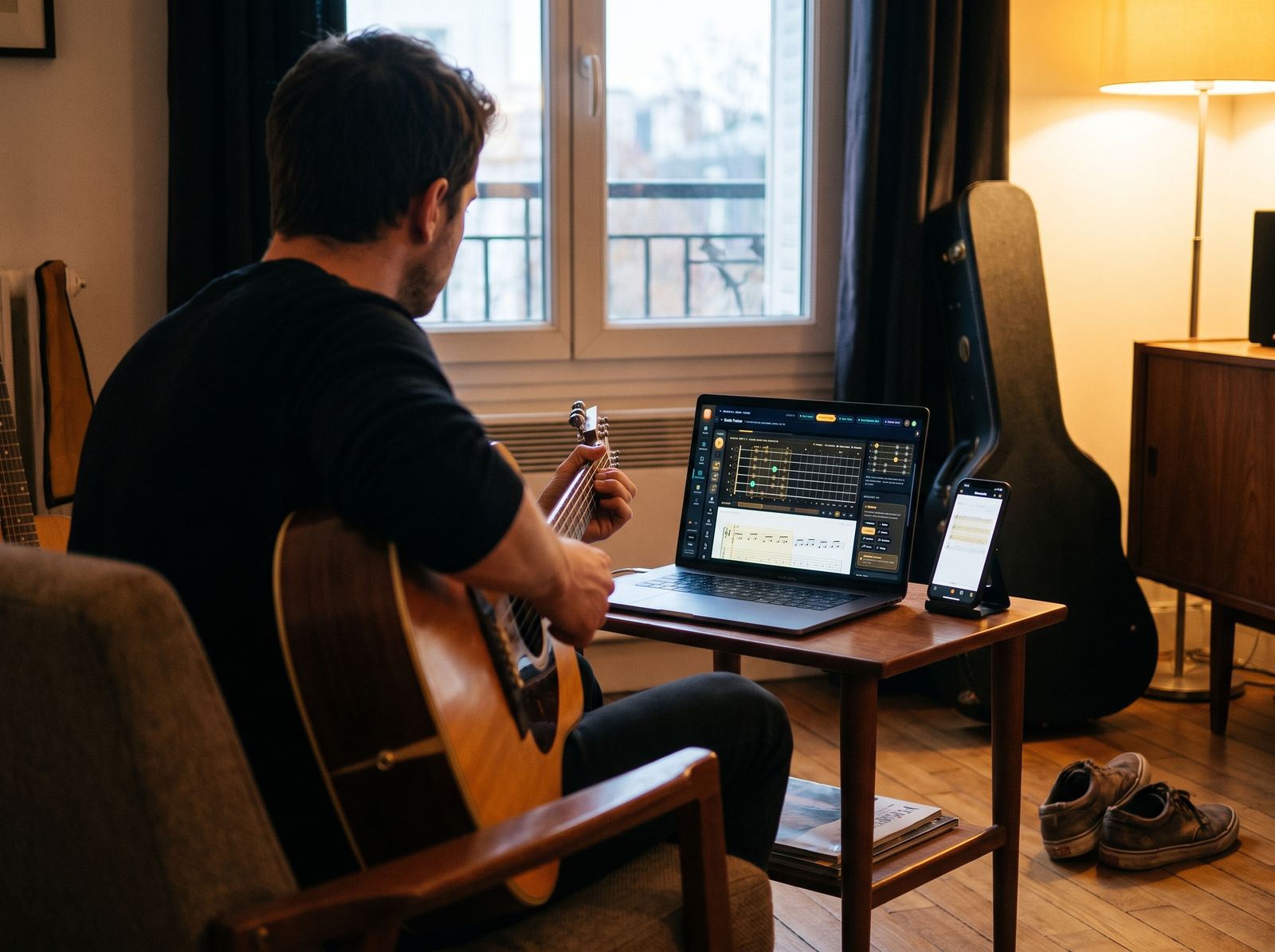 Un élève travaille chez lui dans son salon, guitare sur les genoux, son exercice affiché sur l'ordinateur et sur le téléphone à côté