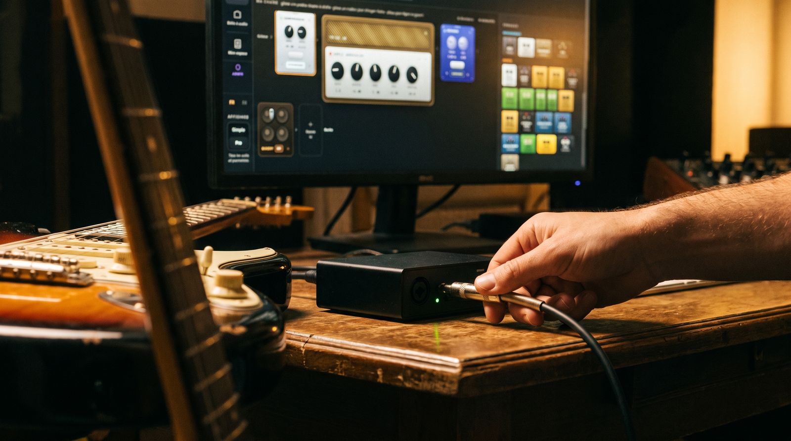 Une main branche un câble jack dans une interface audio posée sur un bureau, la chaîne d'ampli affichée sur l'écran derrière