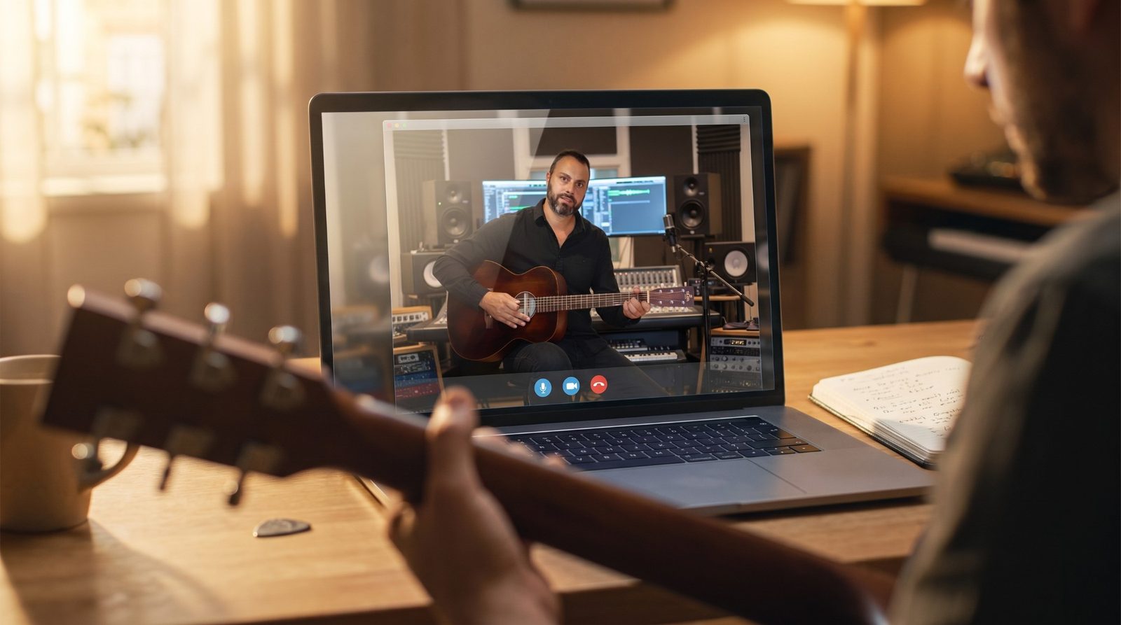Jean-Christophe Vignon donne un cours de guitare en visio : l'élève le voit jouer sur l'écran de son ordinateur