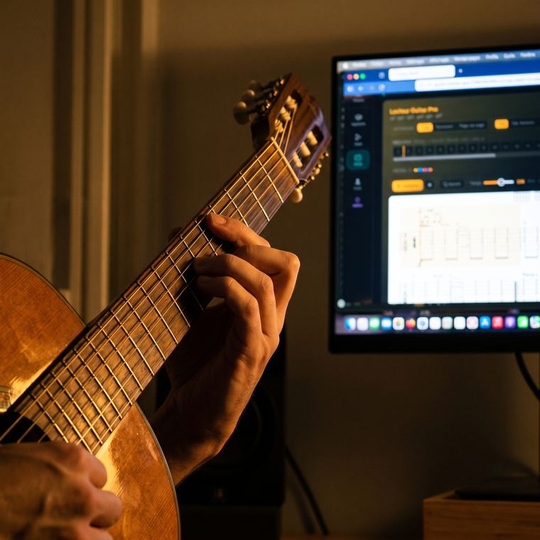 La main gauche d'un guitariste sur le manche, un accord formé, l'exercice affiché sur l'écran derrière