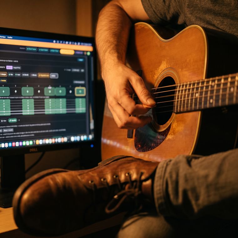 La main droite d'un guitariste en plein mouvement de grattage, la grille rythmique affichée sur l'écran