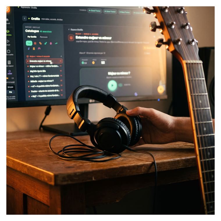 Un casque audio posé sur un bureau devant l'Espace Oreille de l'application