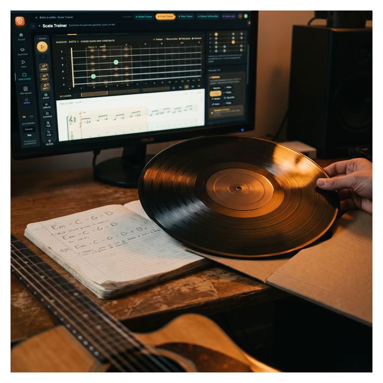 Un vinyle tenu à la main au-dessus d'un carnet où la grille d'un morceau a été relevée